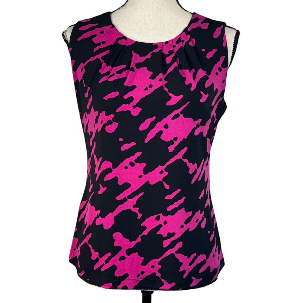 Calvin Klein Small Top Abstract Pleated Round Neck Stretch Sleeveless Multicolor